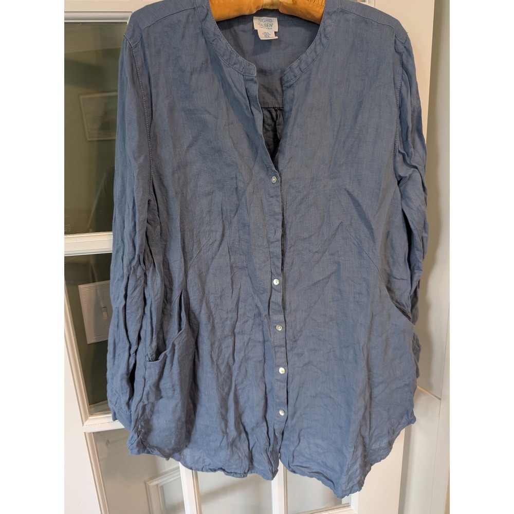 Sigrid Olsen Blue 100% Linen Tunic Button Down Shirt Pocket Roll Tab XL